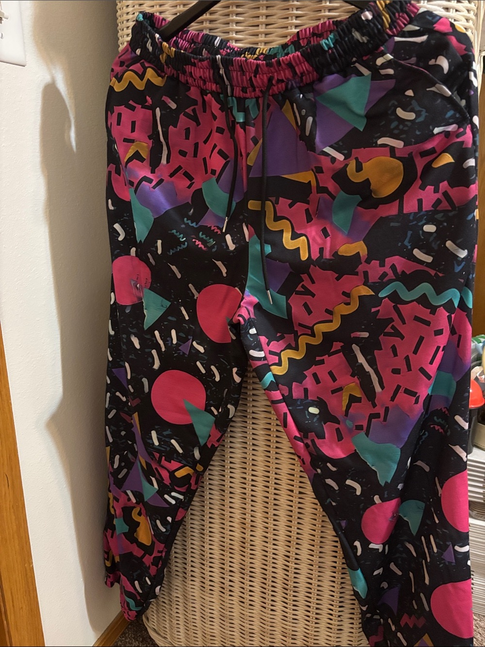 Unisex Black Joggers with Pink & Teal Geometric Print size L